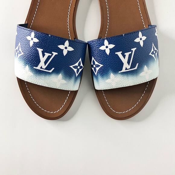 Louis Vuitton Escale Lock It Blue Monogram Slides Mule Flats 37.5 - Picture 3 of 10